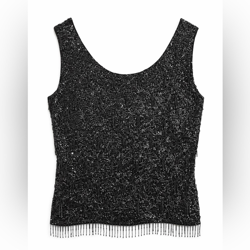 Vintage 1960s Black Beaded Cocktail Top Wool, Fringe Hem Hong Kong Crown Colony